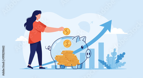 A woman placing a golden coin into a transparent piggy bank filled with money, with a financial growth chart in the background.