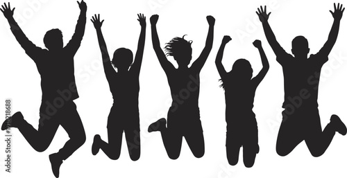 Silhouette of people jumping with joy, celebration, unity, teamwork, happiness, freedom, energy, success, motivation, lifestyle, expressive movement