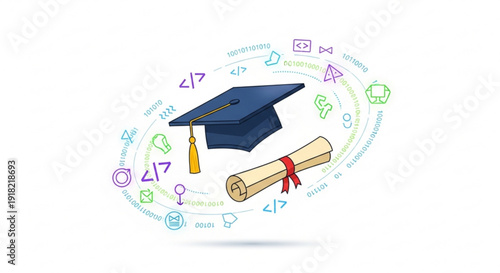 Graduation cap and diploma with coding symbols around representing education and programming skills