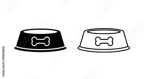 Two dog bowls with bone icon illustration, black and white dog food containers Vector