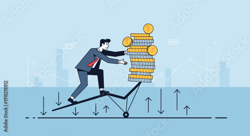 A determined businessman carefully balances a tall stack of gold coins on a seesaw with market graph lines in the background.