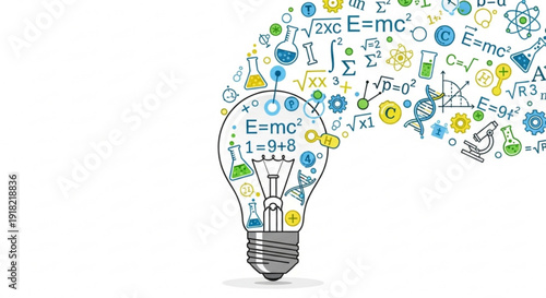 Innovative light bulb with colorful science symbols and equations floating out representing creativity and inspiration in education and problem solving with a mix of blue green and yellow