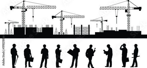 Silhouette construction site with cranes, workers, scaffolding, teamwork, engineering, architecture, building progress, industrial project, urban infrastructure, collaboration