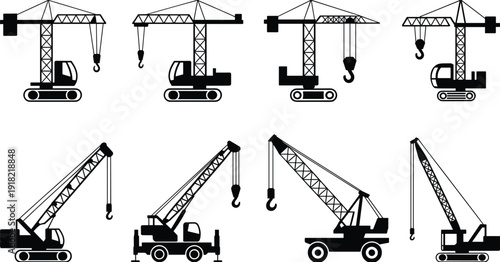 Collection of heavy construction crane icons including tower cranes, crawler cranes, mobile truck cranes, and lifting machinery silhouettes isolated on white background