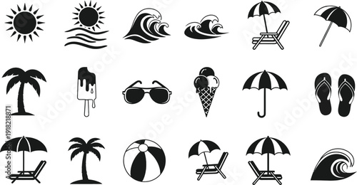 Collection of various black and white beach icons and summer symbols on white background