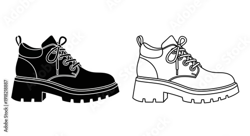 Black and white high top platform sneakers with thick soles and laces Vector