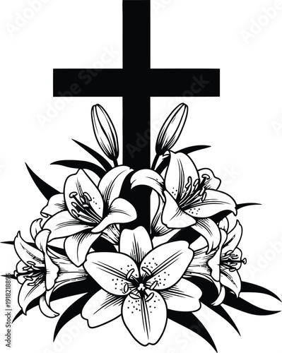 Simple black cross and white lilies graphic illustration on a white background symbolizing christian faith