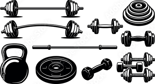 Collection of fitness equipment icons in modern black style
