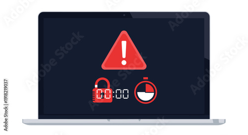 Laptop screen displays a red warning triangle, unlocked padlock with a countdown timer, and loading pie chart.