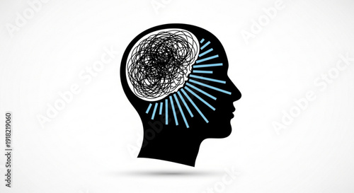 Black silhouette of a human head with a creative brain and glowing ideas