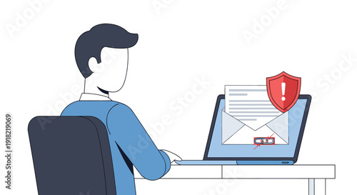 Person works on laptop with screen showing email icon, broken link, and shield with exclamation mark.
