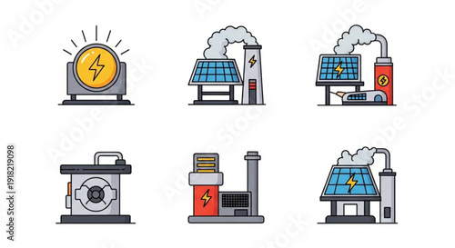 Energy production and consumption icons with solar panels and generators