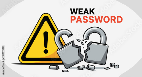 A yellow warning sign and two broken padlocks accompany Weak Password text, symbolizing security vulnerability on white.