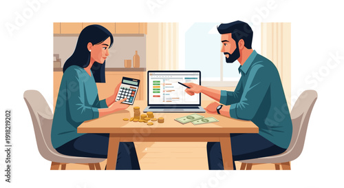 A man points at a laptop screen while a woman calculates finances with money at a table.