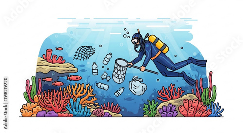 Scuba diver cleaning ocean floor with net removing plastic pollution surrounded by vibrant coral reef and marine life promoting ocean conservation and sustainability