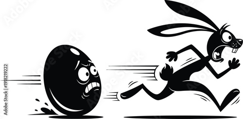 Cartoon rabbit running after a rolling black egg with exaggerated facial expressions