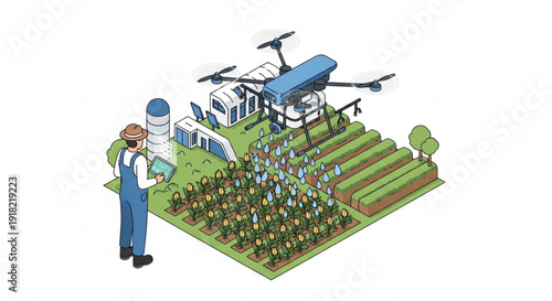 Farmer standing beside a futuristic smart farm with drone crops and greenhouse symbolizing modern agriculture and technology