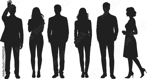 Business silhouettes, diverse professionals, teamwork concept, corporate group illustration, office colleagues, leadership, collaboration, diversity in workplace, formal attire, unity