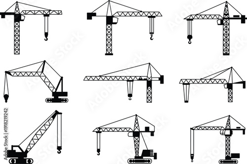 Collection of industrial crane silhouettes featuring tower cranes, mobile crawler cranes, construction lifting equipment, and hydraulic hoist icons isolated on white background