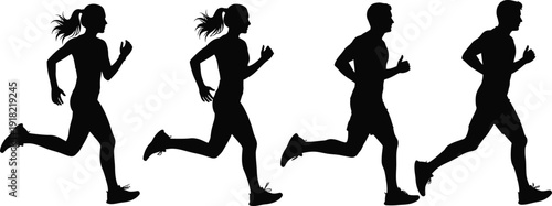 Four people running in different poses side view silhouettes on white background