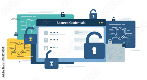 A web interface displaying Secured Credentials is surrounded by multiple digital security shields and open and closed padlocks.