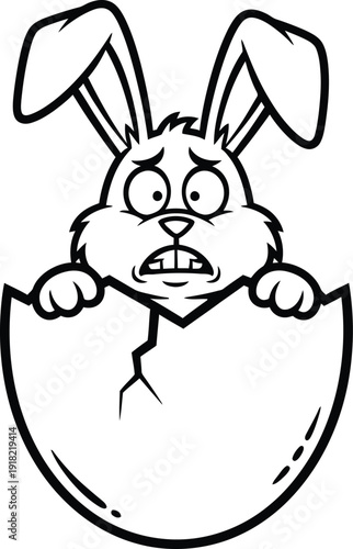 Cartoon bunny hatching from a cracked eggshell with a worried expression on white background