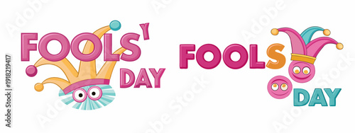 A colorful vector graphic illustration of April Fools' Day with jester hats and playful text