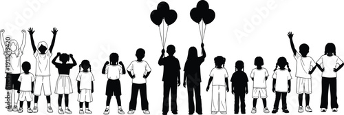 Children silhouette illustration set, playful kids artwork, casual posture vector, balloon holding design, unity celebration graphic, diverse gesture concept