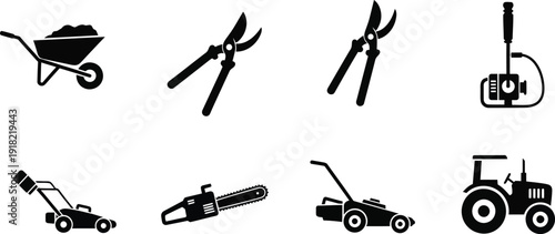 Black and white icons of gardening and landscaping tools and machinery  various equipment