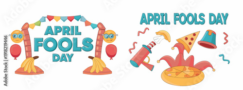 A colorful vector graphic illustration celebrating April Fools Day with playful icons and symbols