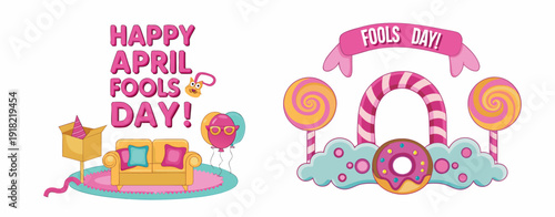 A colorful vector graphic illustration celebrating April Fools' Day with candy and furniture