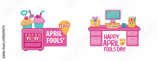 A colorful vector graphic illustration of April Fools' Day icons and symbols on a white background