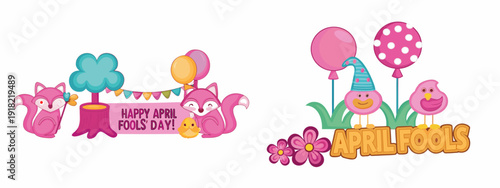 A colorful vector graphic illustration of April Fools' Day icons with cartoon animals and balloons