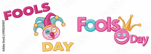 A colorful illustration of April Fools' Day graphics with jester hats and smiling faces