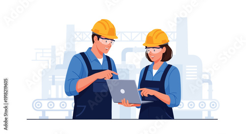 Two construction workers collaborating on a digital plan at an industrial site