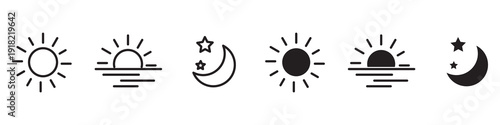 Collection of time of the day icons. Rising and setting sun, crescent moon and stars, day and night time symbols. PNG image 