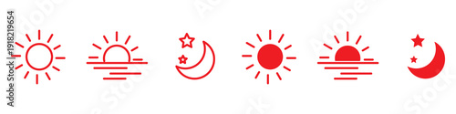 Collection of time of the day icons. Rising and setting sun, crescent moon and stars, day and night time symbols. PNG image 