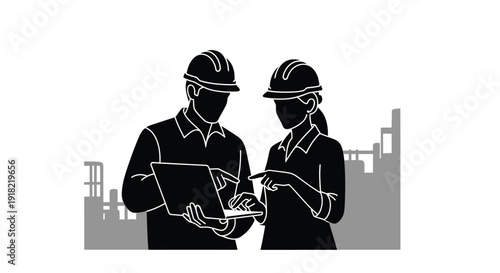 Two construction workers discussing plans with a city skyline backdrop