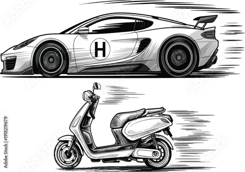 Hand drawn vector illustration of a modern race car and vintage scooter in motion