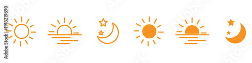 Collection of time of the day icons. Rising and setting sun, crescent moon and stars, day and night time symbols. PNG image 