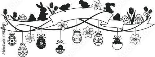 Elegant black and white easter illustration with bunnies birds eggs and flowers decorative banner
