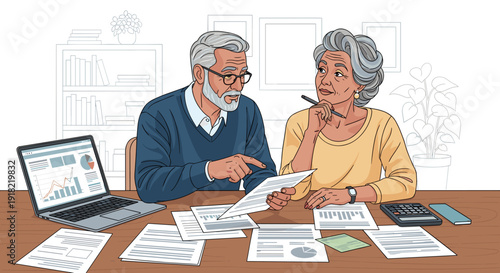 An elderly couple sits at a wooden desk with a laptop and various financial documents, discussing their finances.