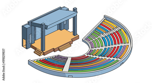 Isometric illustration of an outdoor amphitheater stage and seating area