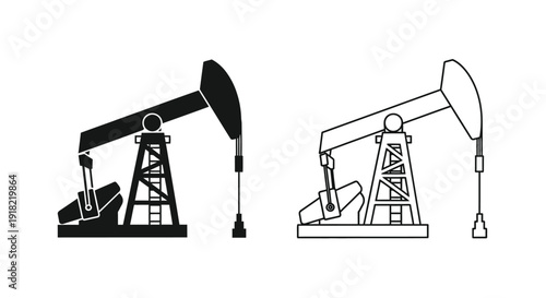 Two oil pumpjack silhouettes one solid black and one outlined