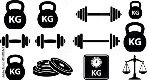 Kettlebell, barbell and dumbbell weights icons set – fitness equipment vector