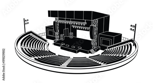 Isometric illustration of a circular outdoor concert stage and seating