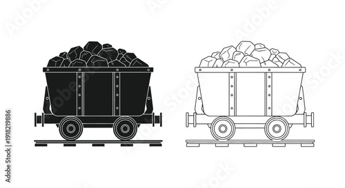Two railcars one solid black and one outlined filled with rocks