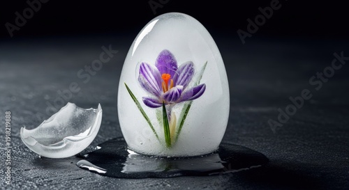 A single crocus flower is perfectly preserved inside a melting egg-shaped block of ice on a dark surface.