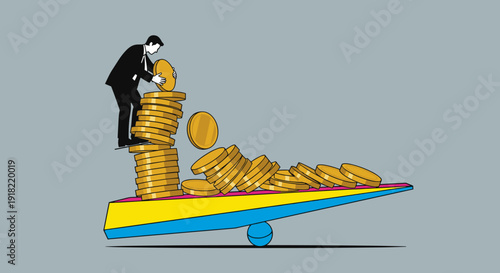 A businessman in a suit meticulously stacks gold coins on a balancing seesaw, causing other coins to shift on the opposite side.