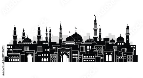 Detailed black and white skyline illustration of a middle eastern city